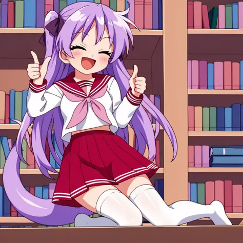 ((K4g4mi_h11ragi)), 1girl, purple long twin tail hair, uniform, sailor collar, red skirt, pink neckerchief, white thighhighs, happy expression, eyes closed, thumbs up, (library background with books, bookshelves, desks), face focus, rating_safe