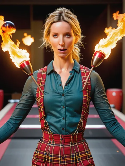 a professional absurdres sharp focus intricately detailed full (torso:1.2) (photograph:1.2) of a beautiful (Annabelle_Wallis:0.9),
with a focus on her face and upper body,
bouncing bowling balls on a trampoline made with a plaid tarp and flaming torches o...