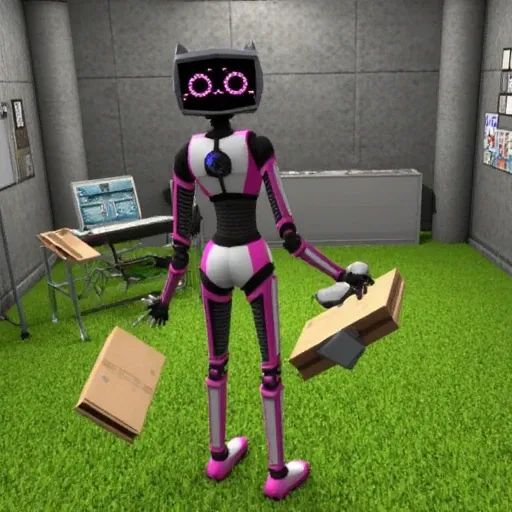 humanoid robot, nature, indoors, cardboard box, standing, grass, from behind, monitor