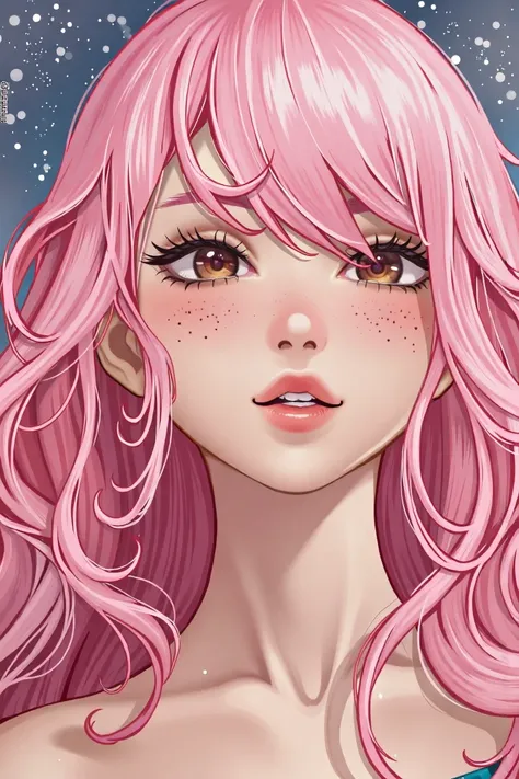 girl, pink long hair, cute pink lips, long eyelashes, pryan style, pryan