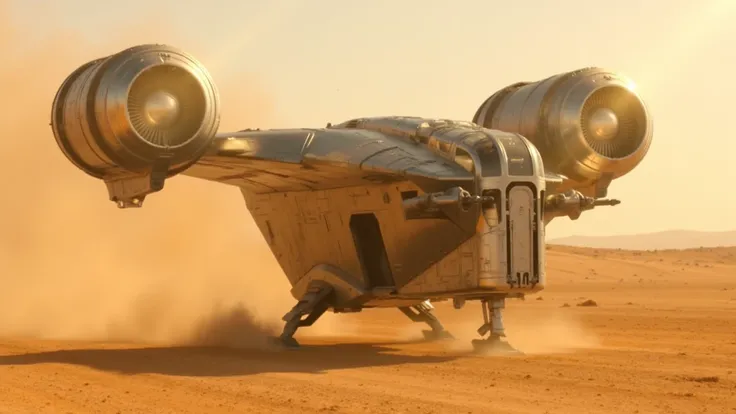 a lucasfilm,star wars style photo of a razor crest spaceship,landing on an desert alien planet,dramatic camera angle,dust blown up,lens flare,<lora:razor_crest:1>