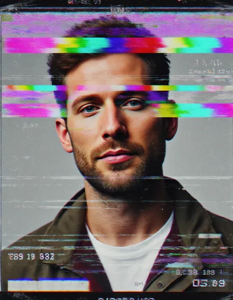 <lora:vhs_artistic_flux:1>, this image features a portrait of a man,styled in a retro, appears to be in his mid-30s to early 40s. he has light skin, overlaid with VHS glichtes and color bleeding, static noise,