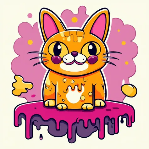 grhapic_style_01, an illustration of an orange cat sitting on top of a pink background with dripping paint, colorful vector illustration, colorful illustration, liquid cat, mascot illustration, trending on dribbble.com mascot, sticker illustration, cat des...