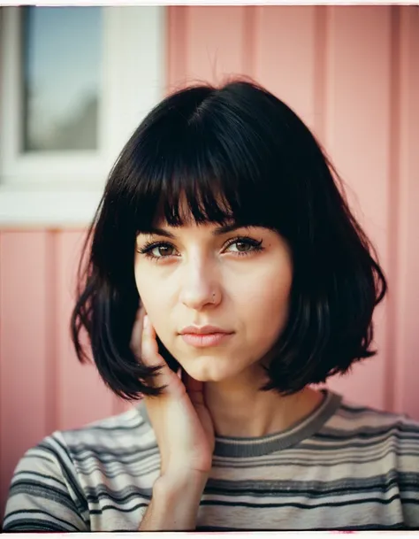 photo of Neonlynxie posing for a photo, she has short black hair, analog film,