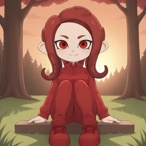 score_9, score_8, BREAK, solo, splatoon, octoling, female octoling, 1girl, tentacle hair, red hair, red eyes, cute, red eyebrows, red clothing, red pants, red shoes, breasts, Hilary_(OC_Octoling), sexy pose, smile, outdoors, sunlight, shadows, evening ligh...