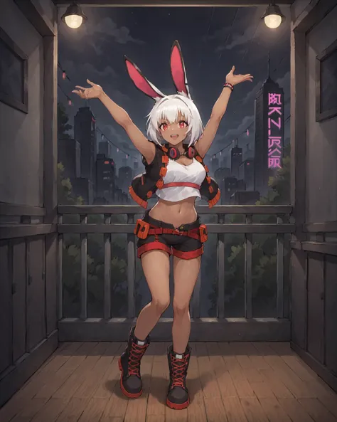 <lora:NS2000_Girls_Frontline:0.8> ns2000, dark skin, rabbit ears, white hair, bangs, red eyes, white top, midriff, shorts, boots, dancing, night club, neon lights, lights in background, balcony overlooking dance floor, DJ booth in background