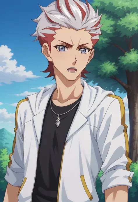 score_9, score_8_up, score_7_up, source_anime, highly detailed, 
takeru, male focus, 1boy, open mouth, solo, multicolored hair, jacket, necklace, hood, red hair, two-tone hair
upper body, jewelry, teeth, looking at viewer, shirt, black shirt, grey eyes, al...