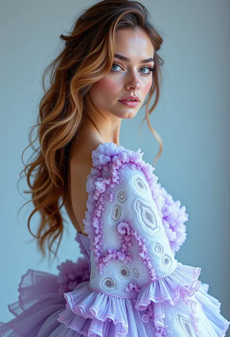 high fashion model, dior House and Vogue jasper-agate style, fashionista with perfect body, amazing dress lilac white blue, professional photo, studio photo, studio light