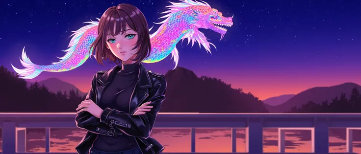 Extraordinary, A highly detailed, vibrant anime scene featuring a girl standing in a quiet temple surrounded by forest at dusk. She wears a sleek black leather jacket over a dark turtleneck, exuding an edgy, modern aesthetic. Her arms are crossed in a casu...