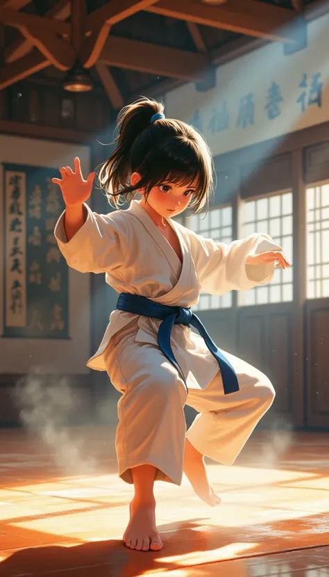 In a vibrant karate dojo, the atmosphere crackles with energy as a young girl, clad in a pristine white karate gi, gracefully executes a dynamic kata. Her focused expression, framed by a cascade of silky black hair tied back in a neat ponytail, reflects de...