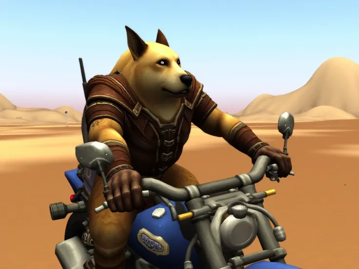 a doge dog in a leather jacket riding a motorcycle  in a desert, WoW Screenshot