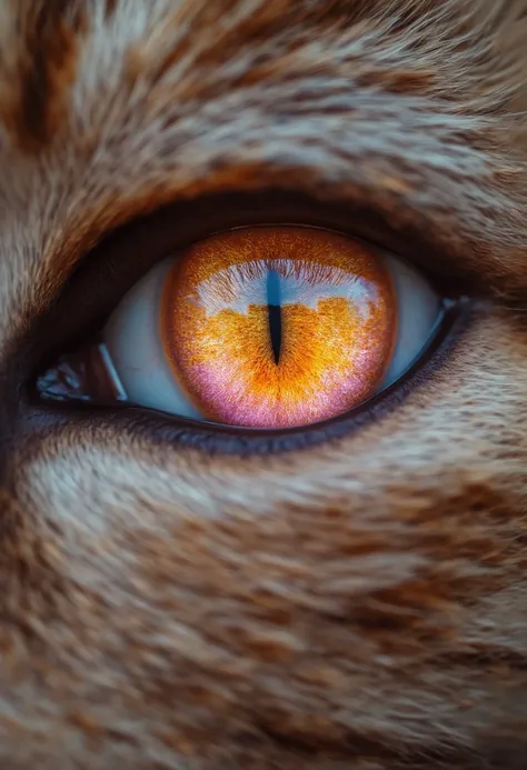 Close Up on eyes, pink iridal, world map reflecting into cat pupils