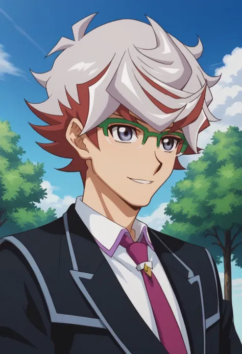 score_9, score_8_up, score_7_up, source_anime, highly detailed, 
takeru, 1boy, male focus, solo, necktie, multicolored hair, smile, formal, glasses, suit, red hair, white hair, grey eyes, two-tone hair, school uniform, standing, green-framed eyewear, upper...