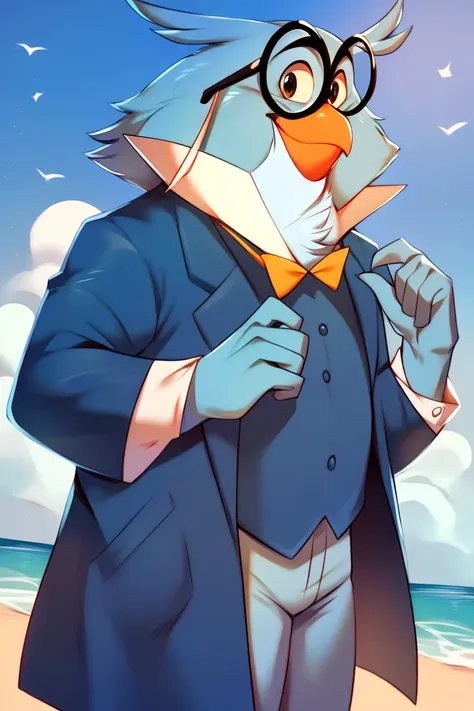 score_9, score_8_up, score_7_up, (best quality:1.1), ultra-detailed, high resolution, 8k, male, source_furry, male, solo, professor owl, bird, beak, avian, blue feathers, clothes, smiling, looking at the viewer, beach, beach background, shading, blue coat,...