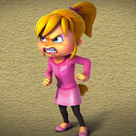 brittany miller, angry, clenched teeth, 1girl, solo, chipmunk, blonde hair, blue eyes, ponytail, makeup, pink shirt, skirt, leggings