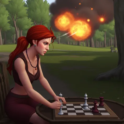 woman with red hair, playing chess at the park, bomb going off in the background WoW Screenshot