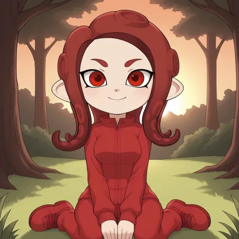 score_9, score_8, BREAK, solo, splatoon, octoling, female octoling, 1girl, tentacle hair, red hair, red eyes, cute, red eyebrows, red clothing, red pants, red shoes, breasts, Hilary_(OC_Octoling), sexy pose, smile, outdoors, sunlight, shadows, evening ligh...