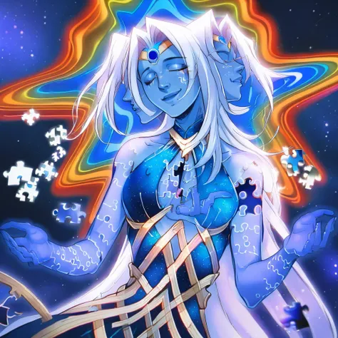 Xipe, 1girl, solo, absurdly long hair, blue dress, very long hair, closed eyes, white hair, colored skin, halo, blue skin, absurdly long hair,puzzle pieces, three heads, one head looking at the viewer, the other two on the sides, a very long dress, a space...