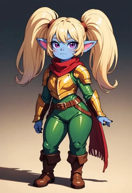 score_9, score_8_up, score_7_up, full height, Portrait, EasyNegative, (1girl), (detailed),PoppyLoLXL, yordle, shortstack, purple eyes, blonde hair, twintails, blue skin, colored skin,golden armor, red scarf,green snakeskin shirt, green snakeskin pants, bro...