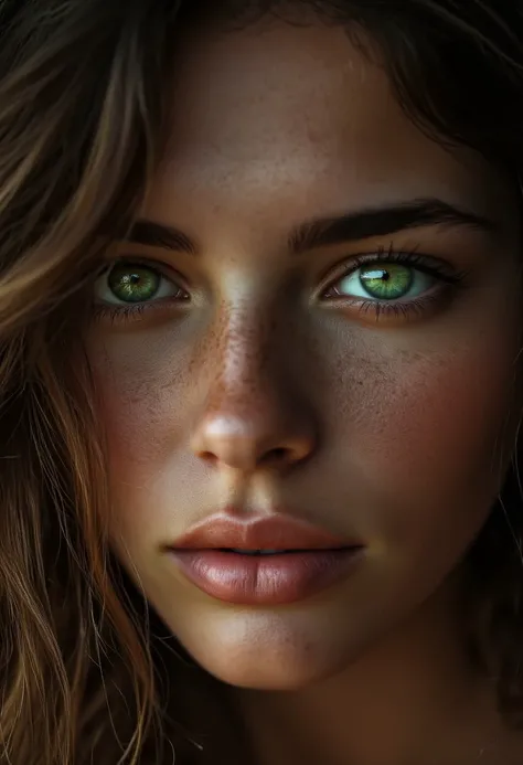 eye photo, green magic light, green magic dark, beatiful wooman eye magic, hair ultrarealistic, visible skin imperfections, ultra high resolution, Fujifilm Superia X-TRA 800, Hasselblad 907X