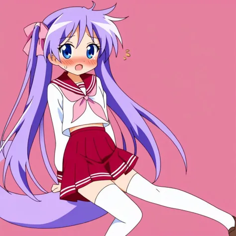 ((K4g4mi_h11ragi)), 1girl, purple hair ribbon, long twin tail hair, uniform, sailor collar, red skirt, pink neckerchief, white thighhighs, smilimg expression, blushing, classroom background, rating_safe