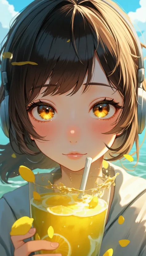 Girl with very beautiful face, headphones, lake, lemonade, 8K, close-up,lyh
