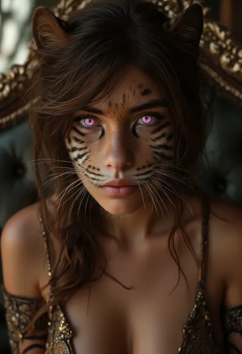 Close up Portrait of a cute anthro tiger woman, wearing toga, elegantly sitting on a throne. Focus on Her intense pink eyes with cat pupil give her an intense gaze. Dramatic lightning, updo, jewelry, taken with hasselblad