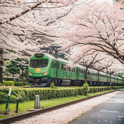 ((train)),((no humans)),outdoors,street,flower,cherry blossoms,film simulation,Highly detailed,(ultra-detailed),(best quality,masterpiece:1.5),