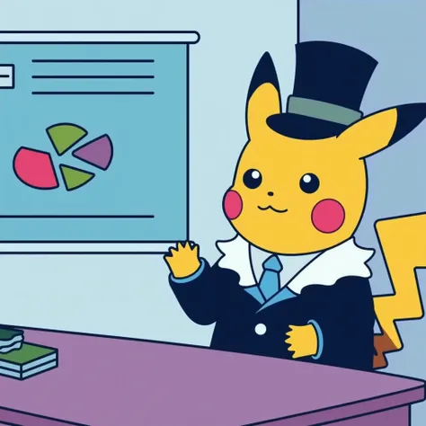 flatlined, pikachu is dressed all fancy and is presenting a powerpoint with pie charts