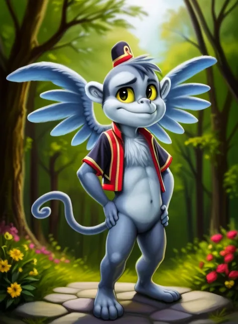 <lora:FrankDorTheWizYif:1> FrankDorTheWiz, monkey, ((wings,) blue fur,) chibi, small body,  yellow sclera, vest, red-black vest, red-black hat, tail
Looks at the viewer, [  solo, (nature), forest, day, clouds, waterfall,] ((Hands on hips, standing,))
(beau...