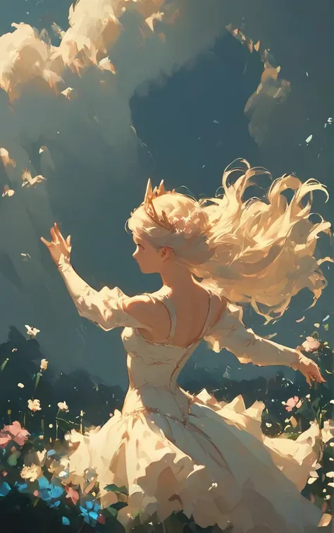 score_9,score_8_up,core_7_up,<lora:WashStyle_r1:.7>
,  girl,  clouds, princess, alone, , flowers , ballet, upper body,