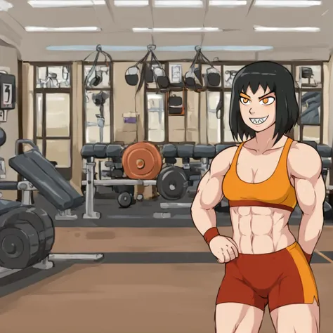 indoor, gym ,  <lora:four_element_trainer:1> mity style,(1girl, small cleavage, tall, small muscles, sharp teeth,  sport clothes,  black hair, orange eyes, medium hair)