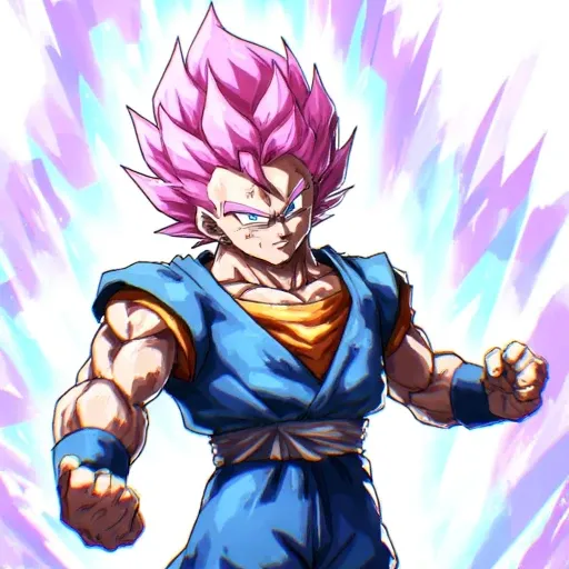 with a stylized, The image is a digital drawing in a vibrant, dynamic anime style. The subject is a muscular male character, The image is a vibrant digital drawing in a stylized, vibrant digital illustration of a character from the Dragon Ball series, with his arms extended forward, with a fierce expression and glowing aura. His skin is a healthy, bright pink hair and piercing blue eyes. Goku's outfit is a blue and orange gi with a stylized design, with a dynamic
