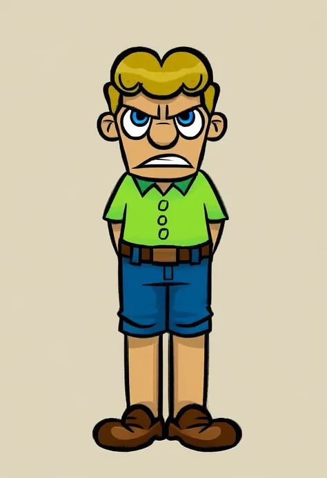 Boing_bingus, solo, hank_huckerdoo, solo, short hair, blue eyes, brownish blonde hair, shirt, 1boy, standing, full body, lime green golf shirt, blue trouser shorts, brown belt, brown shoes, three white buttons, angry expression, white background, front vie...