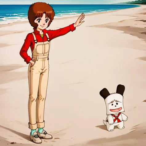 retro artstyle, 1girl, solo, Aiko, brown hair, short hair, black eyes, shirt, red shirt, long sleeves, overalls, socks, shoes, smile, full body, standing, beach, dog, front view