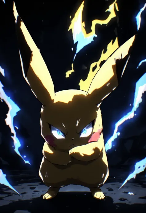 A close-up shot of Pikachus face, lit by a bright blue glow emanating from its cheeks. The surrounding environment is darkened, with only the electric sparks and glowing aura illuminating the subject. Pikachus eyes burn with an intense anger, its facial ex...