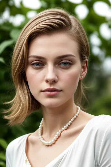 European woman, closeup, (shirt), pants, (community garden), pearl necklace , (), ZM_nora, wide shoulders, perfect face, (contact iris: 1.1), pale skin, skin pores , depth of field