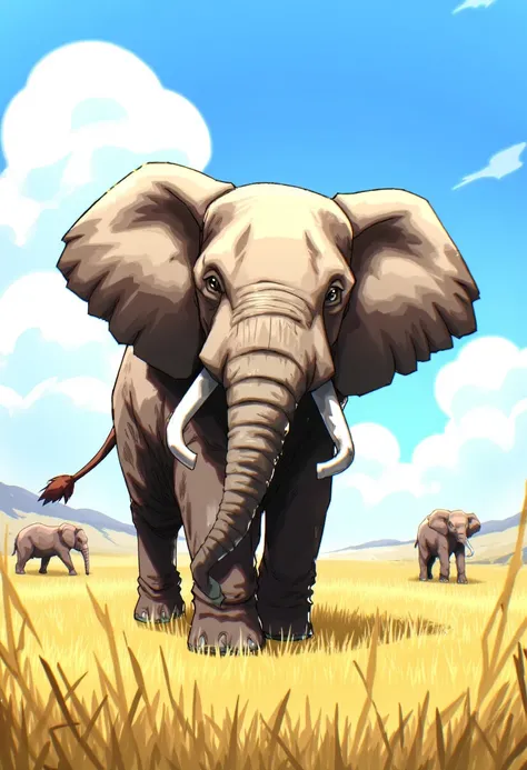 The image is a digital drawing in a vibrant, dynamic anime style. the subject is an elephant in the middle of the savannah.,tkht 9315