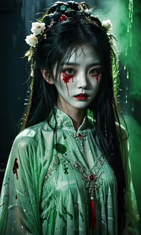 <lora:femaleGhost-XL:1>,1girl, close-up, green light, ancient dress, ghost bride, Chinese horror, eerie atmosphere, dripping blood, horror, dark background