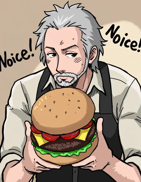 an elderly male character with short hair and beard. He is holding a hamburger. Theres text:"Noice!" next to him.