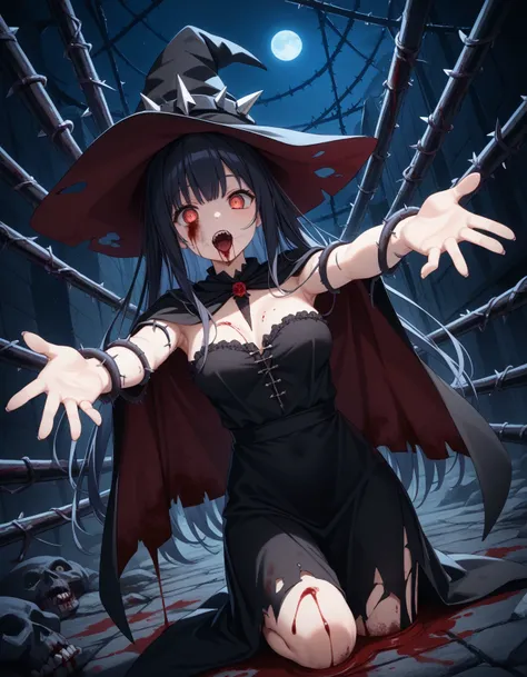 masterpiece,best_quality,
BREAK
1girl,
witch,
blood_on_clothes, 
reaching_towards_viewer, 
underground,
thorns,
night,
BREAK
horror_(theme), 
gore