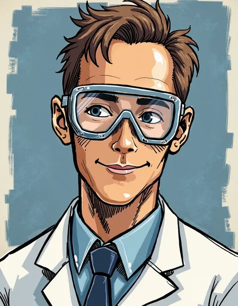 drawing of a a modern scientist wearing chemical splash resistant safety goggles