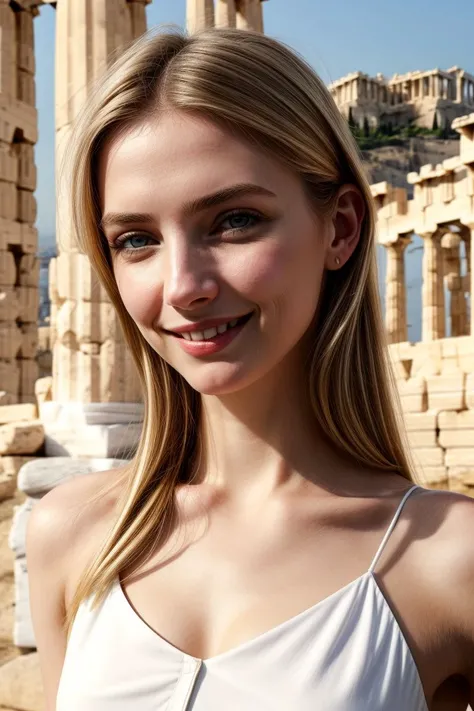 European woman, closeup, (shirt), pants, (Athens Acropolis), (), smiling , ZM_esmeralda, wide shoulders, perfect face, (contact iris: 1.1), pale skin, skin pores , depth of field