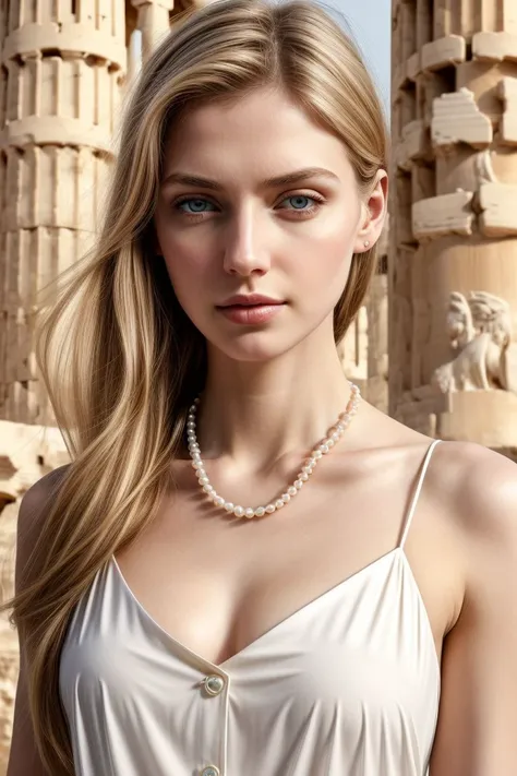 European woman, closeup, (shirt), pants, (Athens Acropolis), pearl necklace , (), ZM_esmeralda, wide shoulders, perfect face, (contact iris: 1.1), pale skin, skin pores , depth of field