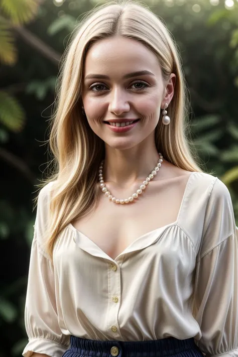 European woman, closeup, (shirt), pants, (Mount Roraima), pearl necklace , smiling , ZM_lucy, wide shoulders, perfect face, (contact iris: 1.1), pale skin, skin pores , depth of field