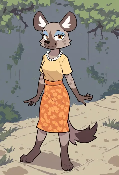 score_7_up, score_8_up, score_9, masterpiece,  high quality,
Haidas mother, female, 1girl, ((furry)), ((furry style)), (((anthro hyena))), (hyena),
pearl necklace, blue eyeshadow,
yellow shirt, orange skirt,
smiling, looking at viewer,
standing, full body ...