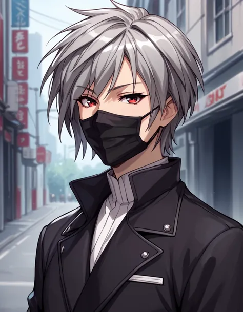 Homura, 1girl, short hair, red eyes, long sleeves, grey hair, coat, black pants, mouth mask, black mask, score_9, score_8_up, score_7_up, score_6_up, score_5_up, score_4_up, source_anime  ,<lora:SekireiSet1:1>, soft smile, portrait,