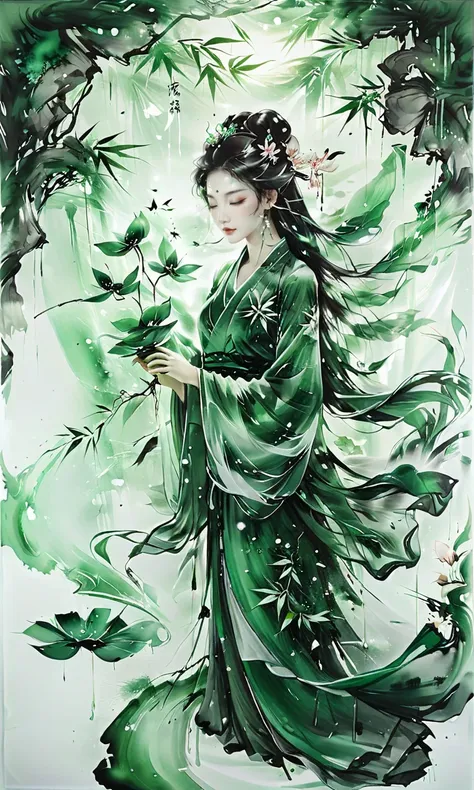 <lora:INK_Glass_XL:0.8>,glass ink painting, ink_glass, emerald green and jade tones, mystical forest, ethereal Chinese fairy, delicate flowing robes, gentle wind through bamboo, floating lotus blossoms, glowing light filtering through leaves, tranquil and ...