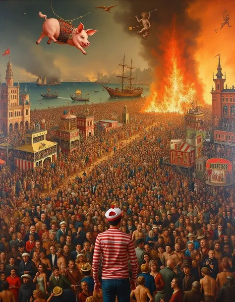 <lora:Wheres_Hieronymus_V3:1>  realistic painting, highly detailed and sharp, hundreds of people, a flying pig, saint Augustine, a procession of trumpeters. a fairground, rides and games on the waterfront. scene takes place in the pits of Hell.  Wheres Wal...