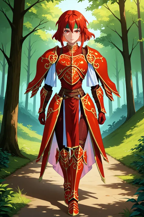 score_9, score_8_up, score_7_up, score_6_up, source_anime, 1girl, solo, <lora:feminerva-pdxl-nvwls-v1-000005:1> feMva, red hair, short hair, red eyes, green headband, red armor, shoulder armor, gauntlets, gloves, brown pants, pelvic curtain, armored boots...